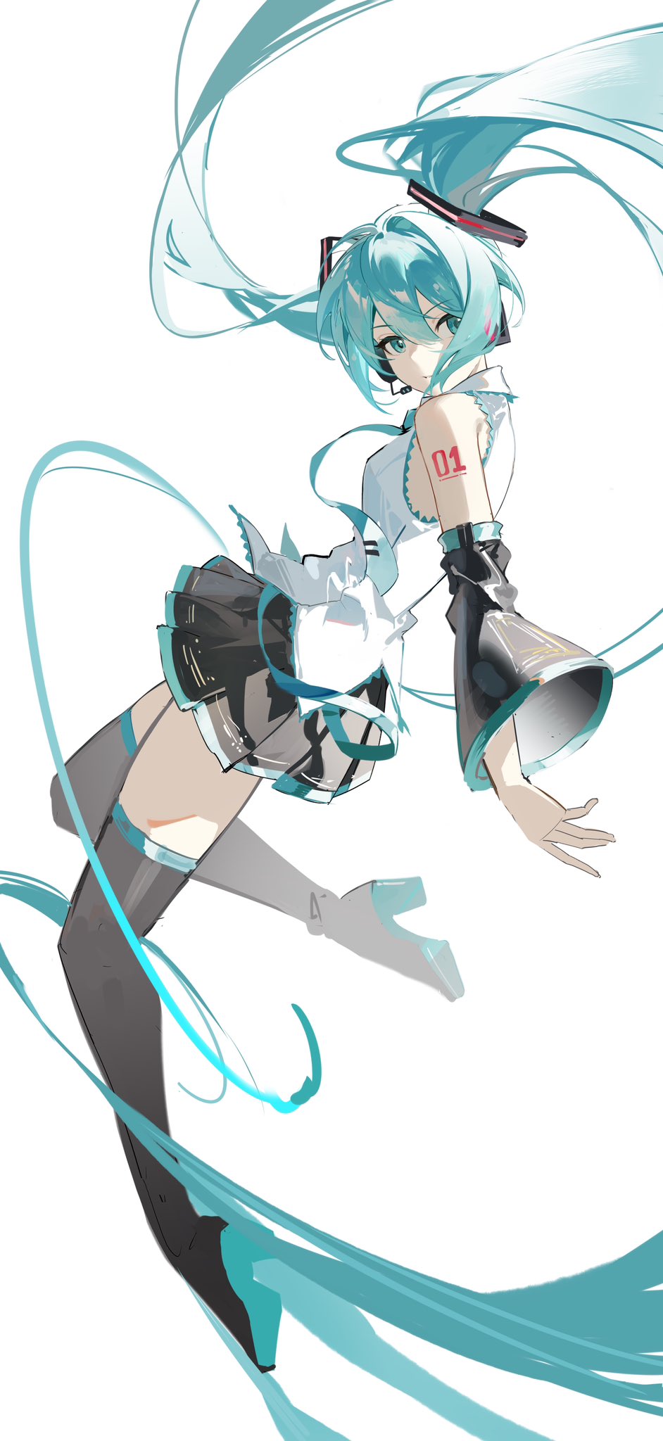 this is a digital illustration of hatsune miku, a popular vocaloid character. she is depicted in midair, with her signature long turquoise hair flowing around her. she wears a black and white outfit with futuristic details and has headphones on. the background is pure white, putting all the focus on the character. the art style is typical of anime and manga, with large eyes and exaggerated features. the overall feel is dynamic and energetic.