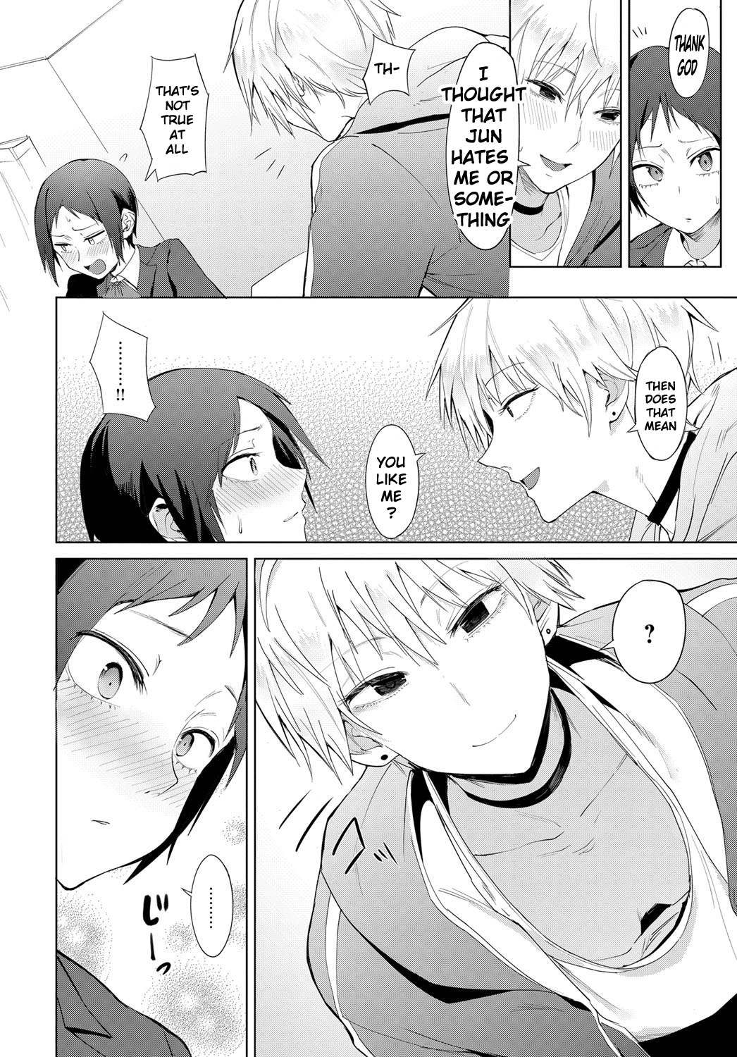 the image is a manga page depicting a romantic scene between two male characters. the characters are drawn in a style common to shonenai manga, with exaggerated expressions and features. the characters appear to be schoolaged and are in a close physical and emotional proximity. the text bubbles in the image suggest a love confession and the characters' reactions to it. the overall mood is lighthearted and romantic.