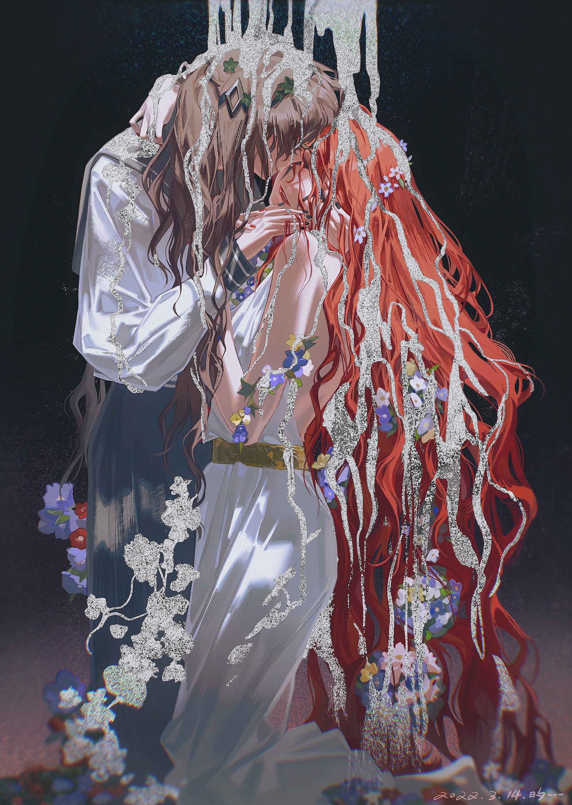 an illustration of two anime girls embracing each other, with their hair intertwined and flowers blooming around them. the girl in the white dress is embracing the girl with the long red hair from behind, both with their eyes closed and a gentle smile on their faces. the illustration is created in a painterly style, and the girls are depicted in a soft, dreamlike atmosphere. the image is adorned with glitter and sparkles, adding to its magical and whimsical feel.