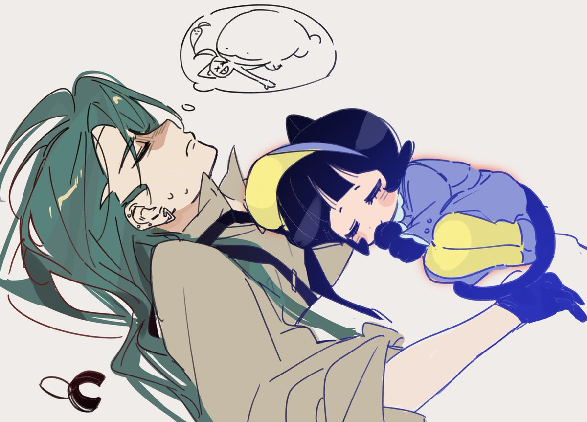 a man with green hair is sleeping with a small child resting on his arm. he appears to be dreaming of a creature in the sky. the overall color scheme is soft and muted, creating a peaceful mood.