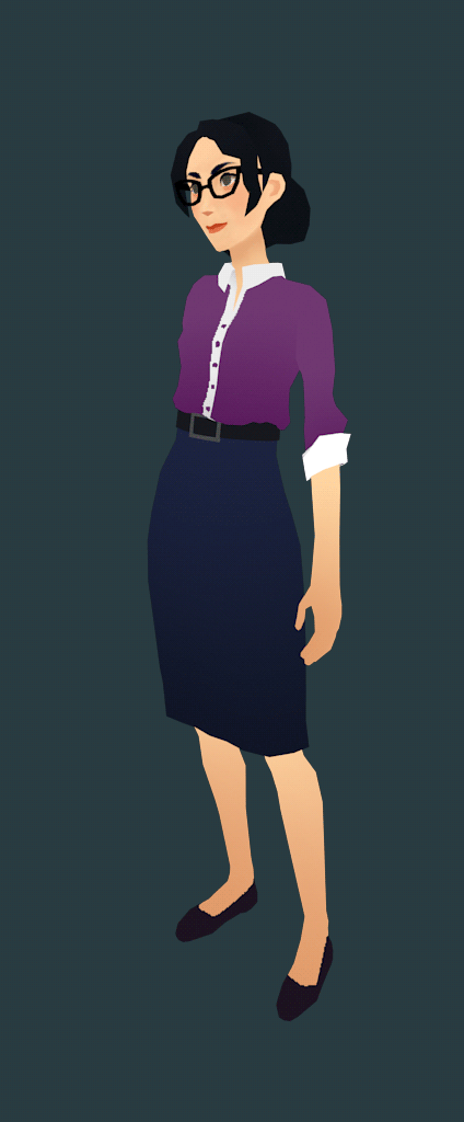 an image of a cartoon woman wearing glasses, a purple shirt, a navy blue skirt, and black flats standing against a tealcolored background.