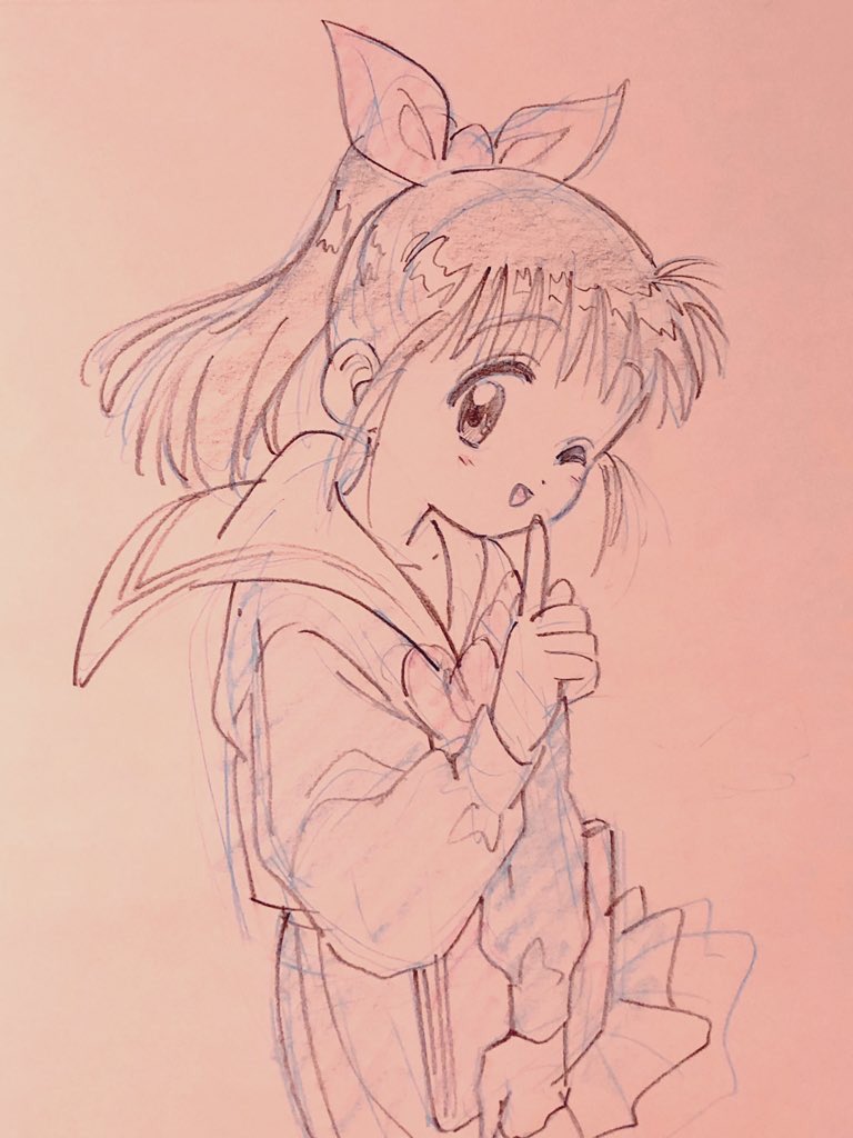 a colored sketch of an anime girl in a sailor school uniform. she is making a "shh" gesture with her index finger over her lips. she has large eyes, is wearing a ribbon, and has her hair tied back in a ponytail.