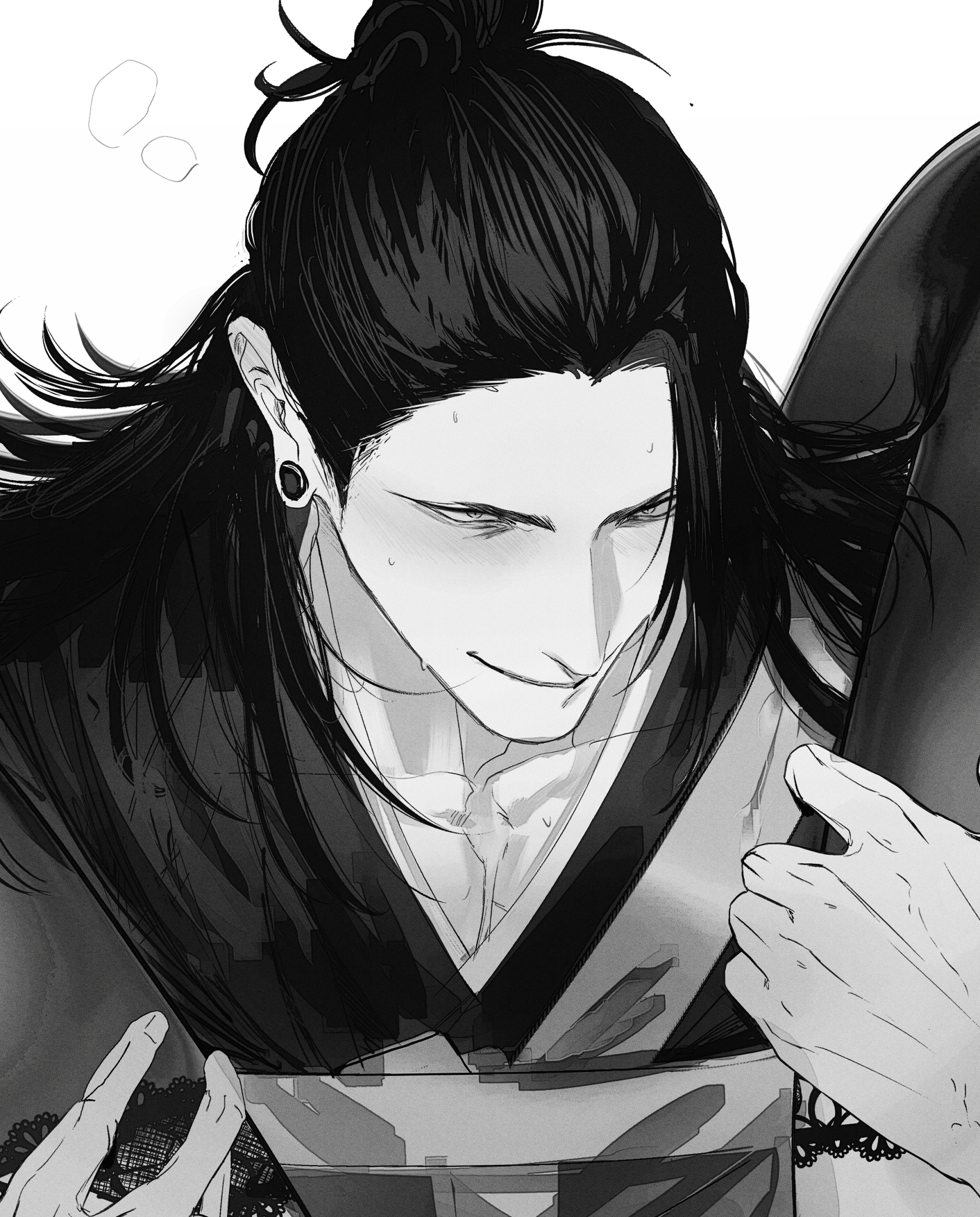 a black and white drawing of a handsome anime male character with long black hair pulled back in a ponytail. he is wearing a traditional japanese kimono and has a thoughtful expression. he is looking down at his hands. the art style is detailed and realistic.
