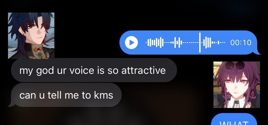 a chat screenshot with two anime characters. one character is saying "my god ur voice is so attractive" and the other character is saying "can u tell me to kms". the first character has dark blue hair and the second character has purple hair. they are both wearing sunglasses.