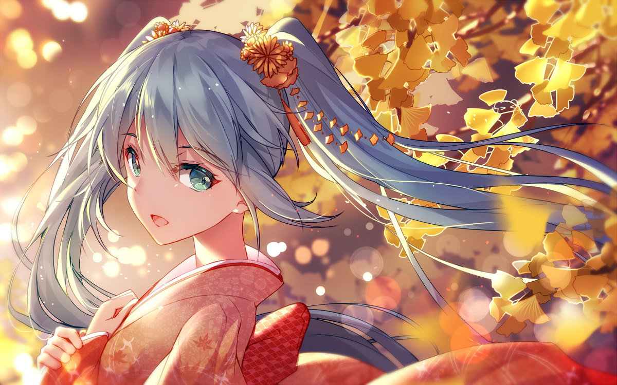 the image is a digital painting of an animestyle girl with long, flowing blue hair styled in twintails. she's wearing a traditional japanese kimono in shades of orange and red, adorned with intricate details.  her hair is decorated with flowers and golden ornaments. the background features a bokeh effect with warm autumnal colors and falling ginkgo leaves, creating a dreamy and romantic atmosphere. the overall style is soft, delicate, and vibrant, emphasizing the beauty of the girl and the autumn season.