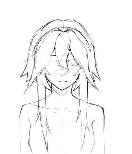 a sketch of a female anime character with long hair, looking straight ahead. the drawing is in black and white.