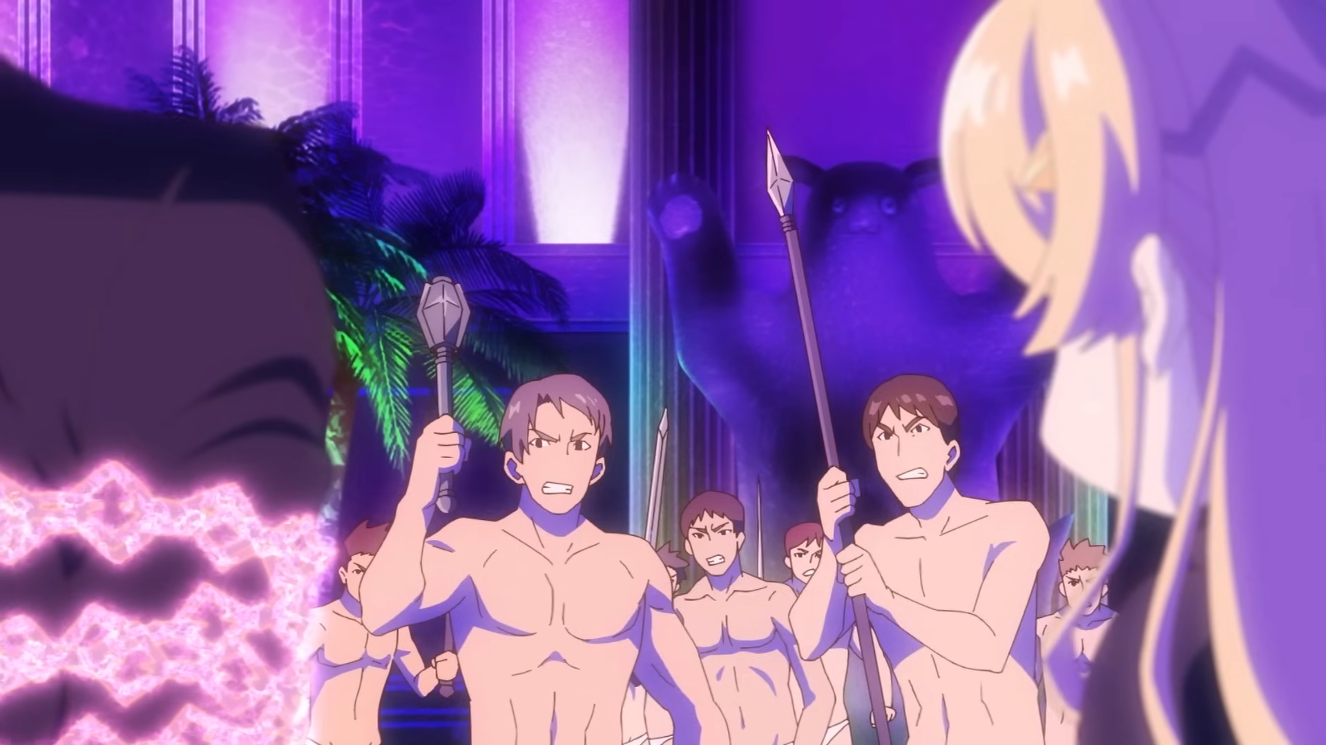 a group of muscular men, minimally clothed with spears and maces, appear to be confronting a woman with long blond hair in what looks like a lavishly decorated room, possibly a nightclub, with a stage and mood lighting. the atmosphere is tense and suggests a confrontation or standoff.