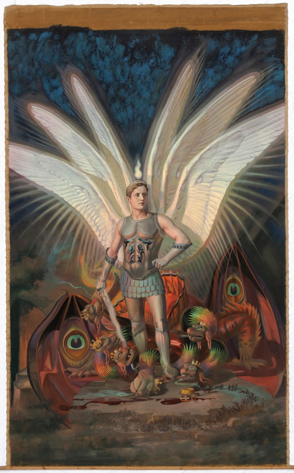an illustration depicting a fairskinned angel in silver armor standing over vanquished demons. the angel has large, radiant wings and wields a sword. beneath his feet are slain demons with severed heads, scattered crowns, and blood. in the background, there is a dark, cloudy sky and a distant landscape with figures that suggest a battle or conflict. the artwork evokes themes of good versus evil, victory, and divine power.