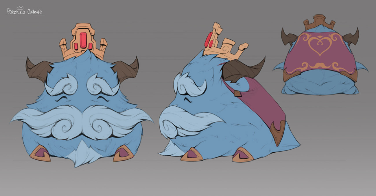 this image shows concept art of a poroking character.  the art displays three different views of the character: a front view, a side view, and a back view. the poroking is a round, fluffy blue creature with horns, a large mustache, and a small crown. it's wearing a purple cape with gold accents.  the style is cartoonish and cute. the art seems to be preparatory work for a game or animation.  the name "poroking callouts" is visible in the top left corner, suggesting these are notes or annotations about the design.