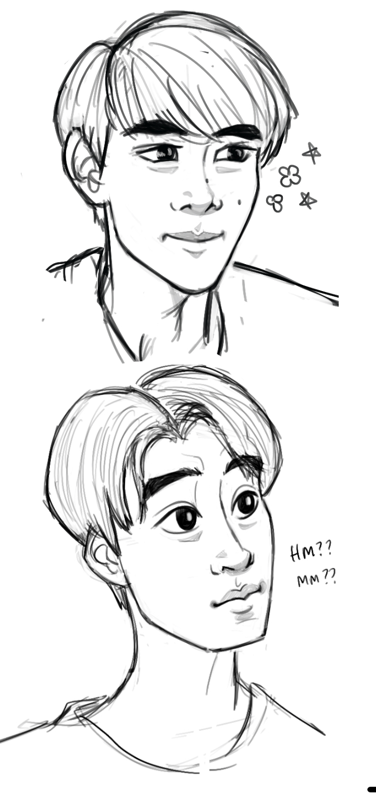 the image shows two sketches of a man's head and shoulders. the top sketch features the man with a neutral expression and small flowers drawn next to his face. the bottom sketch shows the man with a contemplative expression and a "hm?? mm??" thought bubble next to him. both sketches are drawn in black and white with a focus on line work.