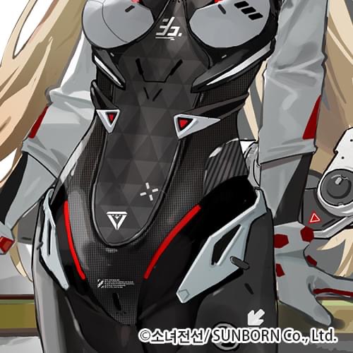 a closeup illustration showcasing the torso of a female character clad in a sleek, futuristic bodysuit. the suit boasts a predominantly black and white color scheme with striking red accents. geometric patterns, likely composed of a material resembling carbon fiber, adorn the suit's surface. the character appears to be wearing protective armor plating on her chest and hips, hinting at a potential combat role. the art style leans towards a cyberpunk or scifi aesthetic, commonly found in video games or anime.