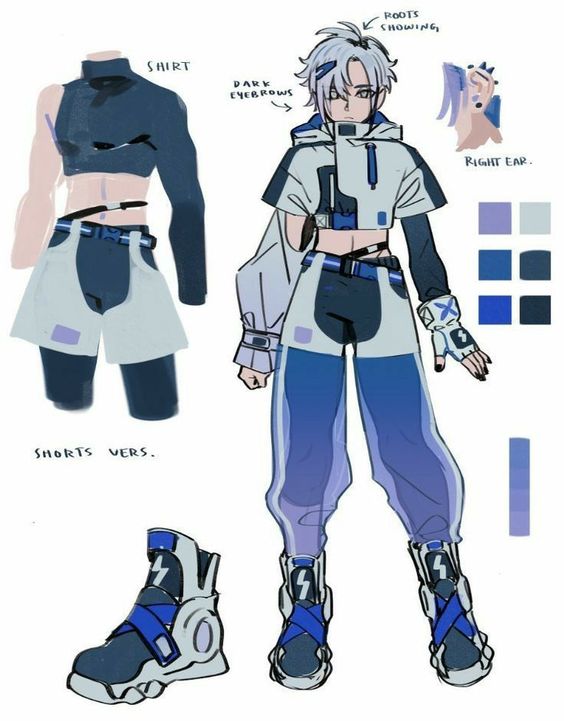 the image showcases a digital illustration of a young man dressed in a futuristic, cyberpunkinspired outfit. he sports a cropped, asymmetrical black shirt with a matching cropped hoodie over it, both adorned with blue accents and straps. his bottoms consist of either baggy cargo pants or shorts, both featuring a similar blue and white color scheme and techwear elements. he wears sleek, futuristic boots with blue and white details and what appears to be a power symbol. his silver hair is styled with a portion shaved to reveal his right ear, which has a light purple hue.  a color palette with various shades of blue is displayed alongside the figure. the word "shirt" labels the separate drawing of the shirt, and "shorts vers." labels a separate drawing of a pair of shorts.  the overall aesthetic blends streetwear with cyberpunk elements, suggesting a techsavvy and stylish individual from a futuristic setting.