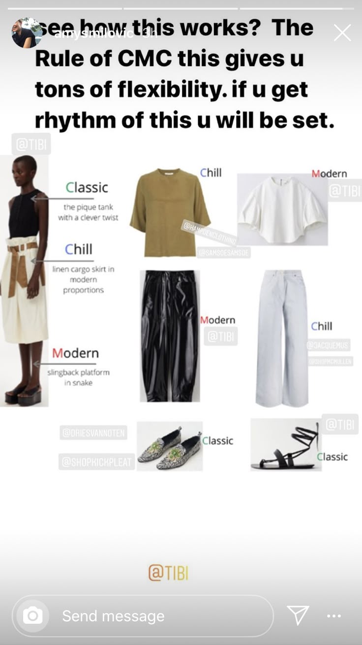 the image is a fashion collage showcasing different clothing items and accessories categorized under "classic," "chill," and "modern" styles. the items include a tank top, skirt, platform shoes, trousers, tops, and sandals. the collage also mentions the "rule of cmc" for flexibility in style and tags brands/shops like @tibi, @droesjaaniten, and @shopiochpleat.