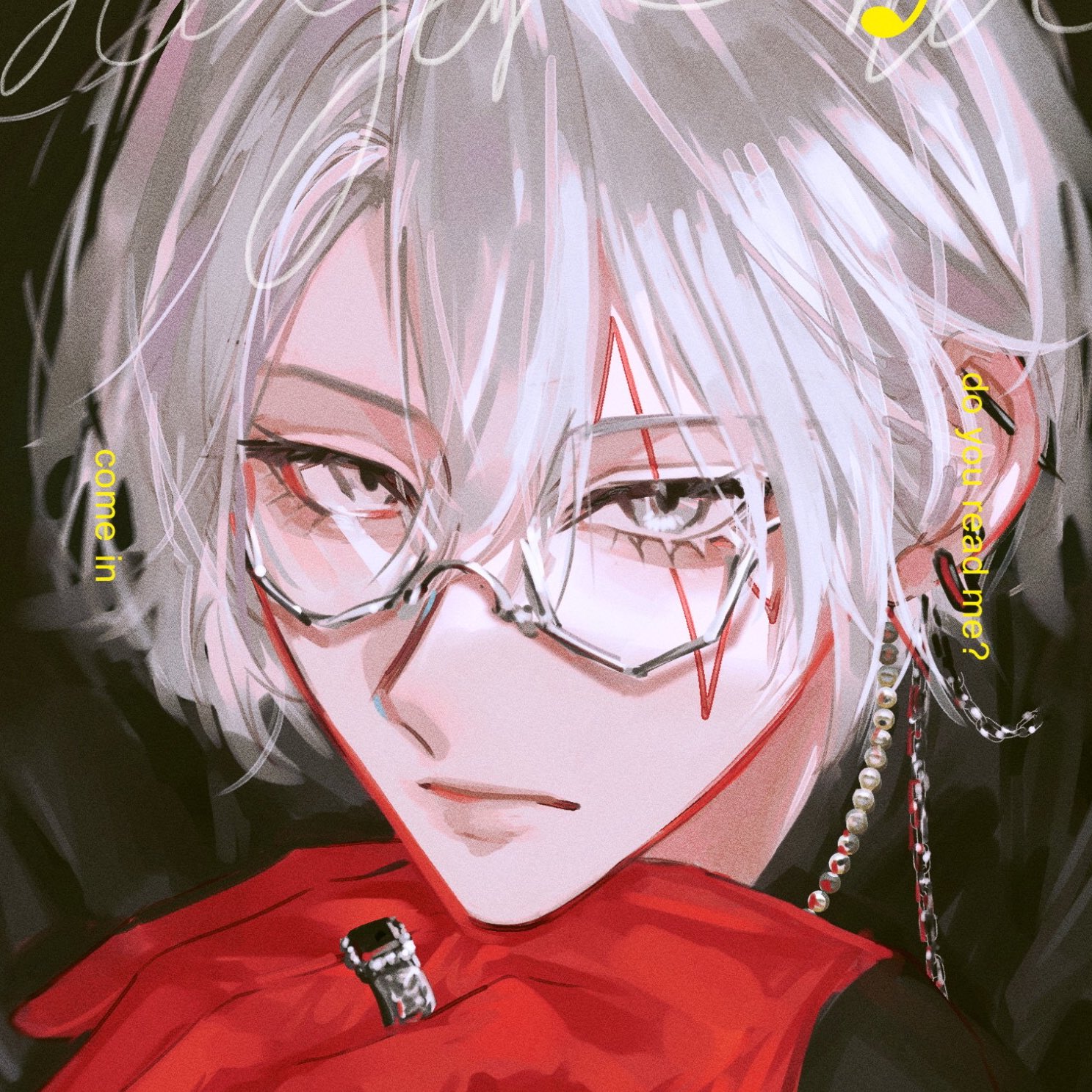 a closeup portrait of a young anime boy with white hair, wearing red scarf, black shirt and glasses with silver chain earrings. he is looking at the viewer with a cool and serious expression.