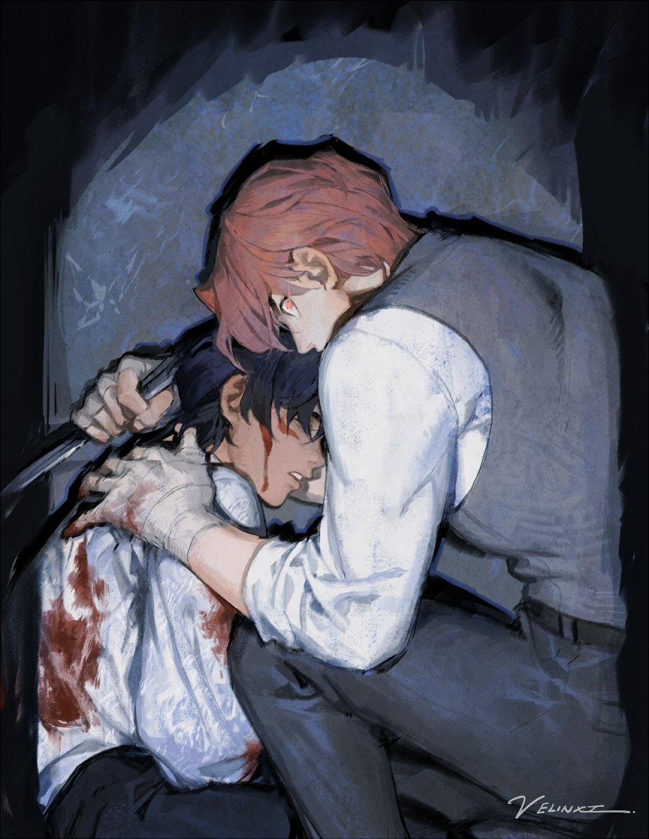 an illustration depicts two males in a dark, shadowy setting. one male with black hair and a white shirt is kneeling, appearing injured with blood stains and bandaged hands. the other male, with reddishpink hair, is kneeling and embracing the injured male from behind, with a hand placed near the other's face, possibly holding a knife. the scene evokes a sense of vulnerability, protection, and concern amidst violence and despair.