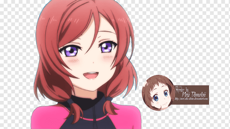 this is a digital illustration of maki nishikino from the anime series love live! she is smiling with rosy cheeks and has bright purple eyes. she has short red hair and is wearing a pink and black wetsuit.
