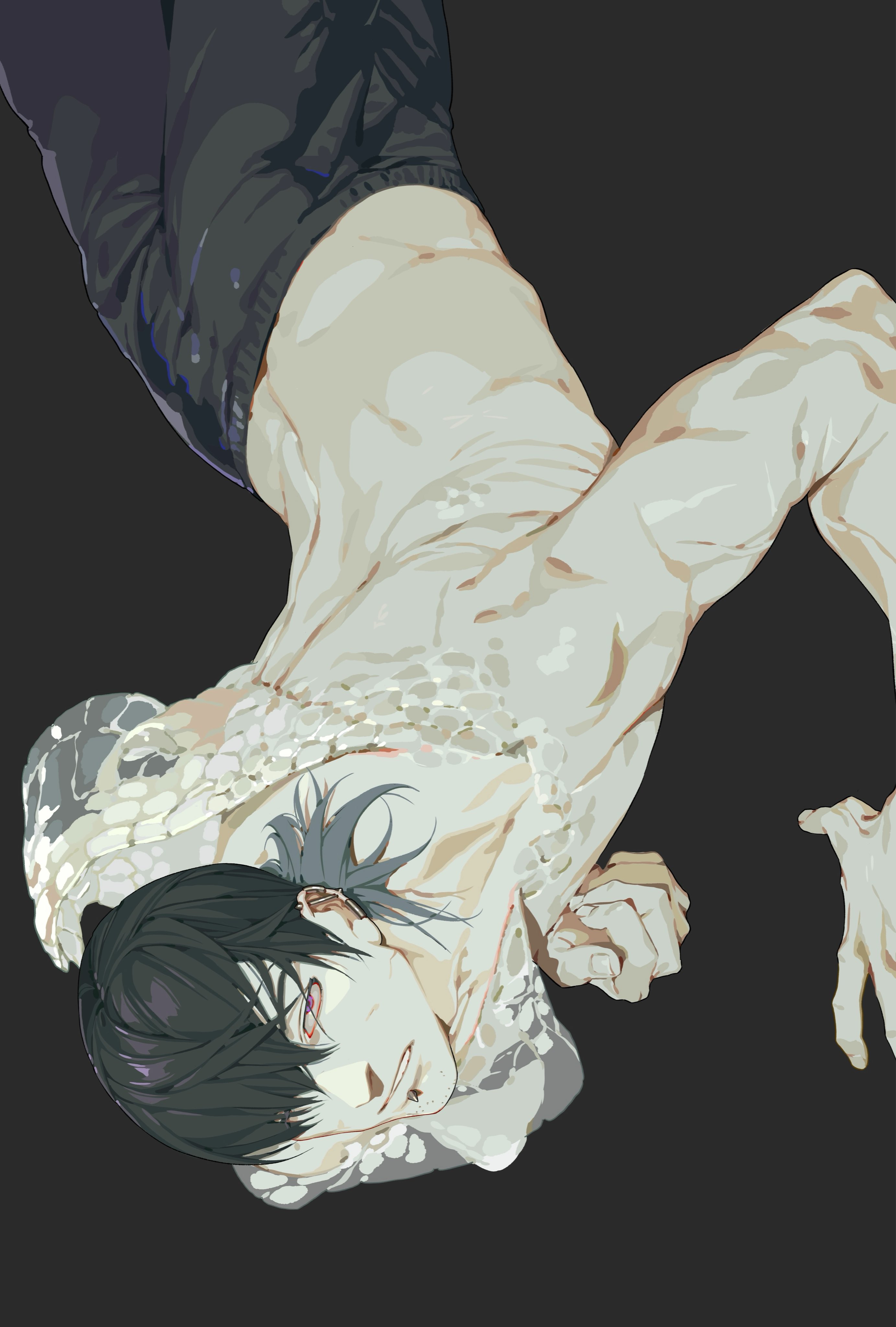 an anime art image featuring a muscular male figure with black hair and red eyes, depicted shirtless against a dark background. he's wearing pants, and the artwork utilizes distinct skin tones and shadows to emphasize his physique.