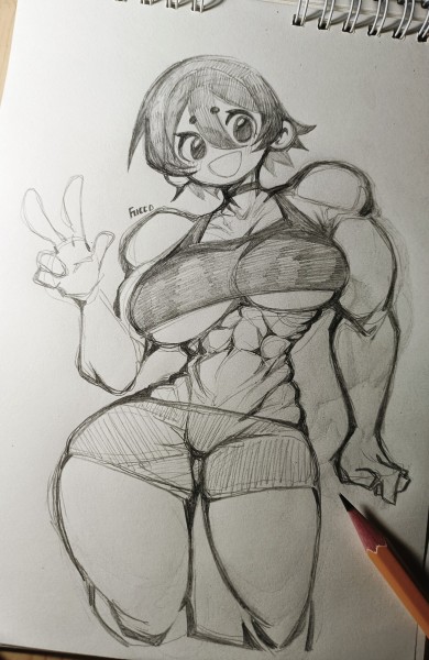 this is a pencil drawing of a woman with big muscles. she has a big smile on her face and is giving a peace sign with one hand. she is dressed in a sports bra and shorts. she appears to be a strong and confident athlete.