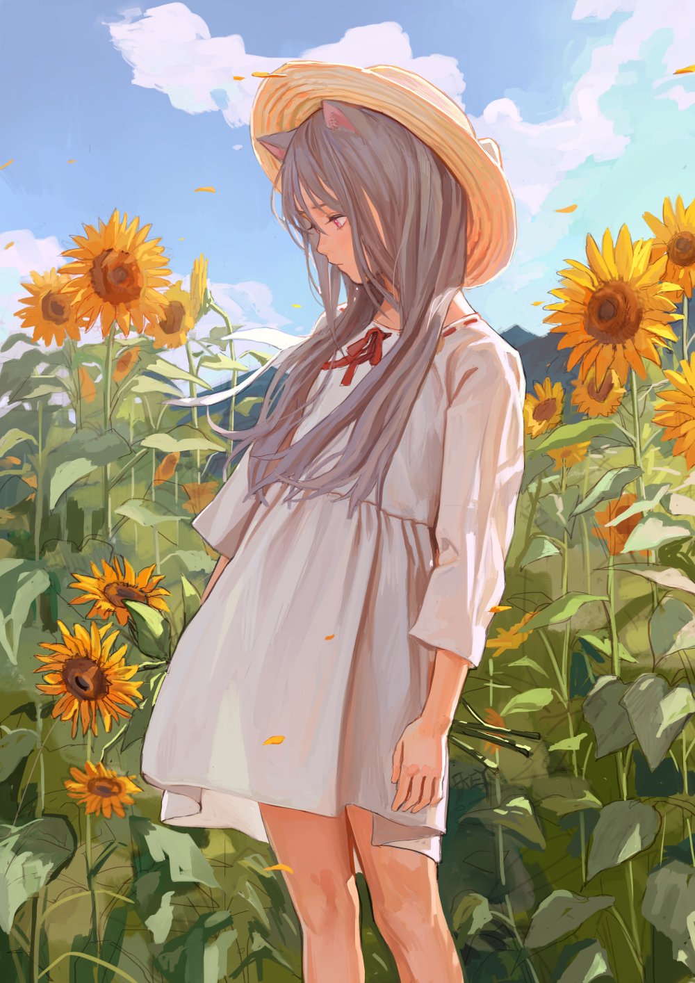 an anime girl with cat ears and wearing a straw hat and a white dress stands in a sunflower field under a blue sky with clouds. petals float in the air and sunlight illuminates the scene, painted in a stylized illustration.