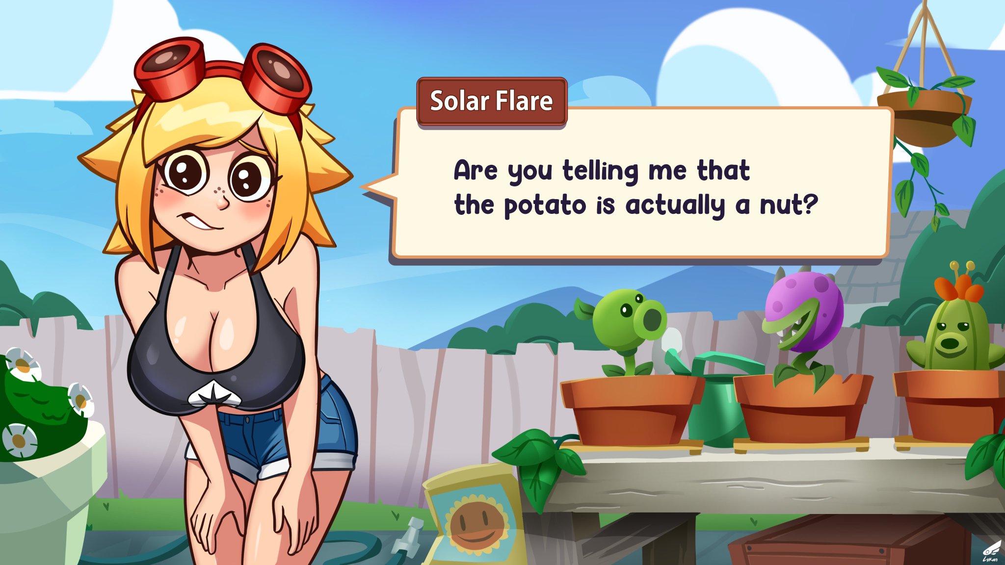 a cartoon image of a female character from the plants vs zombies game.  she has bright yellow hair, is wearing a black top, and is holding a water hose, she is looking surprised. behind her are three of the enemy plants from the game, and a sign above them reads "solar flare". the sign has a question on it asking, "are you telling me that the potato is actually a nut?" the plants look shocked and confused, and the girl is  pointing at them.