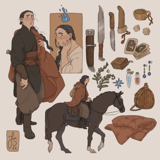 this is an illustration featuring 3 characters and other items related to a fantasy world. it shows a woman in a red cloak and brown pants standing on the left side of the image. she is holding a dagger. behind her is a woman with long dark hair and a blue dress, standing behind a frame. in the center, is a woman riding a horse. on the right side of the image are items related to magical adventures and travel, like a sword, potion,  a pouch and  a blanket. the background is in beige color.