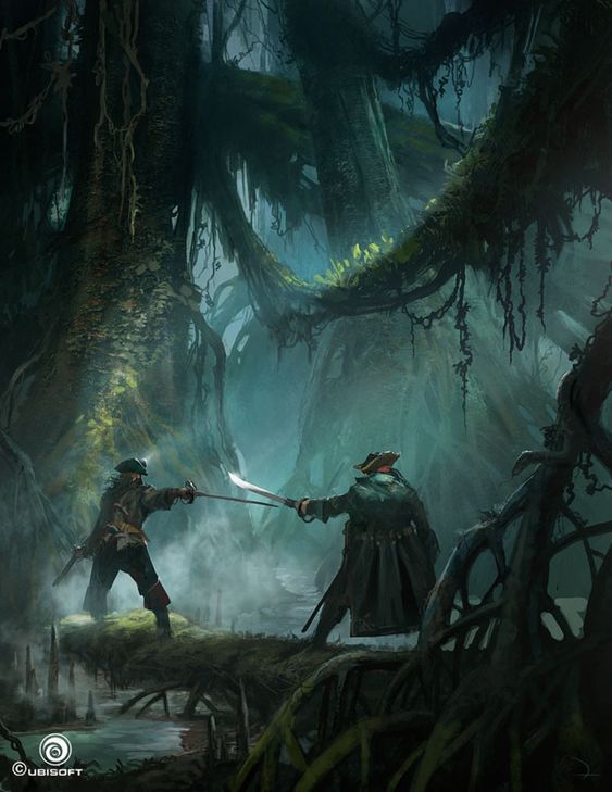 two pirates are engaged in a fierce duel amidst a dark and atmospheric swamp. the scene is illuminated by a faint, ethereal light that filters through the dense canopy of trees. the air is thick with mist and the sound of clashing steel. one pirate, dressed in dark clothing, stands on the left side of the image, his sword raised in defense. his opponent, clad in a long coat and tricorn hat, lunges forward, his blade aimed at his heart. the background is a tangled mass of gnarled trees, their roots snaking across the swampy ground. the overall atmosphere is one of danger, suspense, and adventure.