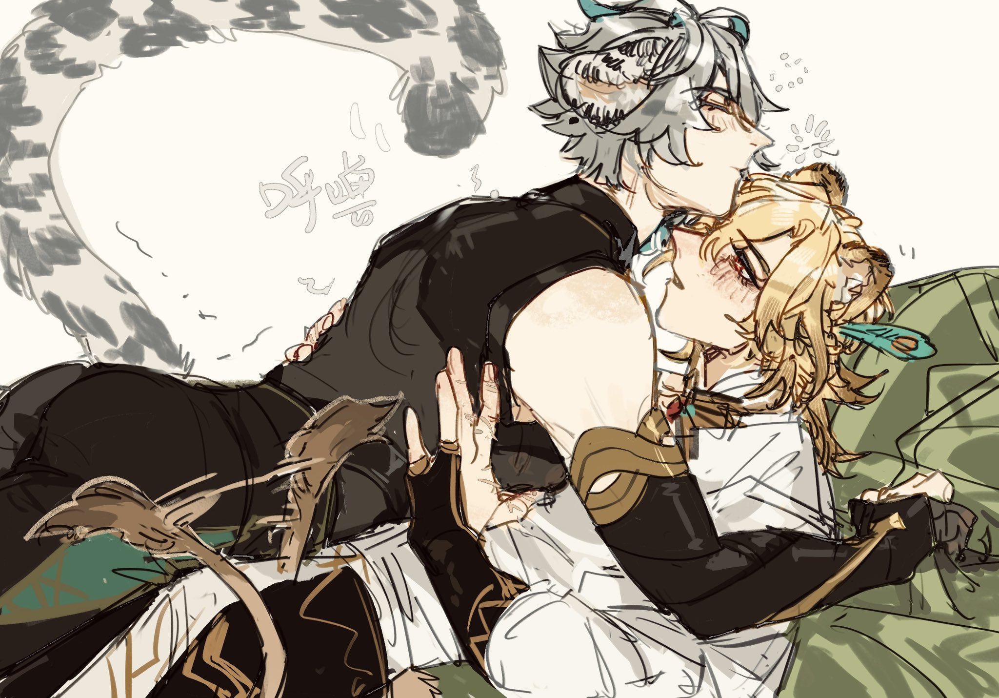 this is a digital fanart of xiao and venti from genshin impact. xiao is on top of venti, hugging him tightly. venti looks a bit dazed, while xiao has a very gentle and loving expression on his face. they are both smiling and looking at each other lovingly. xiao’s tail is wrapped around them both.