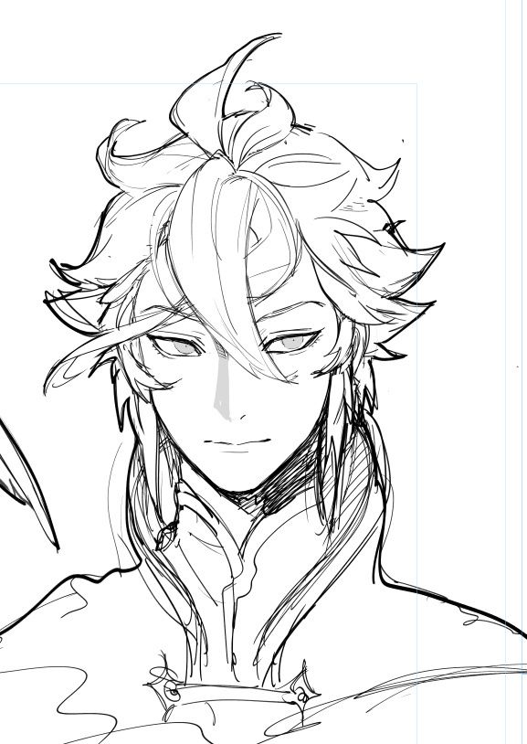this is a digital sketch of a young anime character.  he is drawn in a black and white style with thick lines that give it a rough, sketchy look. he is shown from the chest up. he has long, messy hair,  wide, open eyes and a serious expression.