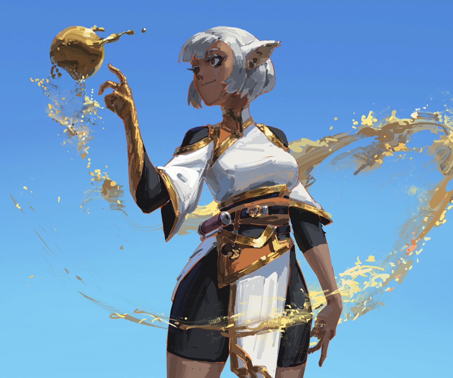 the digital painting showcases a female elflike character with short, white hair and pointed ears. she's dressed in a stylish outfit combining white and gold elements with black accents, suggesting a magical or fantasy setting. the character exudes confidence, holding a glowing golden orb that seems to be generating sand or golden particles swirling around her. the background is a clear, bright blue sky, emphasizing the character and her magical effect.  the art style leans towards anime or stylized fantasy, with loose brushstrokes giving a dynamic feel. the overall impression is of a strong, magical character possibly from a video game or fantasy novel.