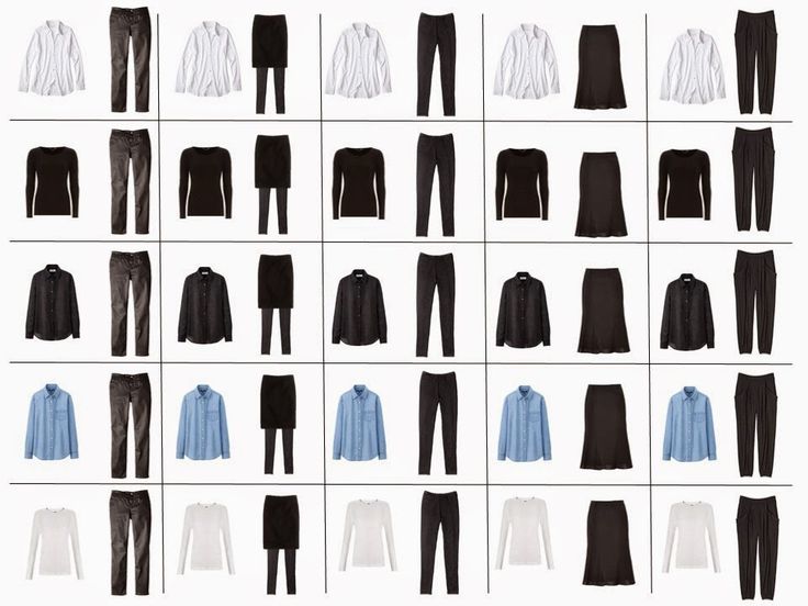 the image shows a grid of various clothing combinations and potential outfits. it features a selection of tops including white buttondown shirts, black long sleeve shirts, black buttondown shirts, blue buttondown shirts, and white long sleeve shirts. the bottoms include black pants, denim pants, black pencil skirts, skirts worn over leggings, black aline skirts, and black harem pants. the arrangements suggest different style options that can be created from this wardrobe.