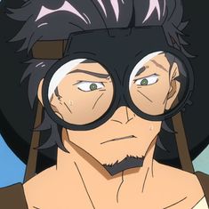a closeup illustration of a sweating male anime character with a worried expression. he is wearing a hat and large goggles.  the background is a light blue sky.