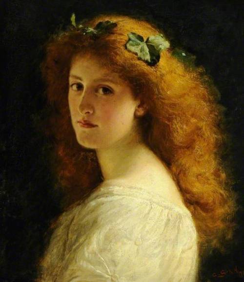 the image is a portrait painting of a young woman with long, flowing red hair adorned with a crown of ivy leaves. she is wearing a white, offtheshoulder blouse. the background is dark, drawing attention to the woman's face and hair. the lighting is soft, creating a sense of gentle beauty and contemplation. her expression is serene and thoughtful, with a hint of melancholy in her eyes. the style of the painting is reminiscent of the preraphaelite movement, known for its focus on realism and natural beauty.