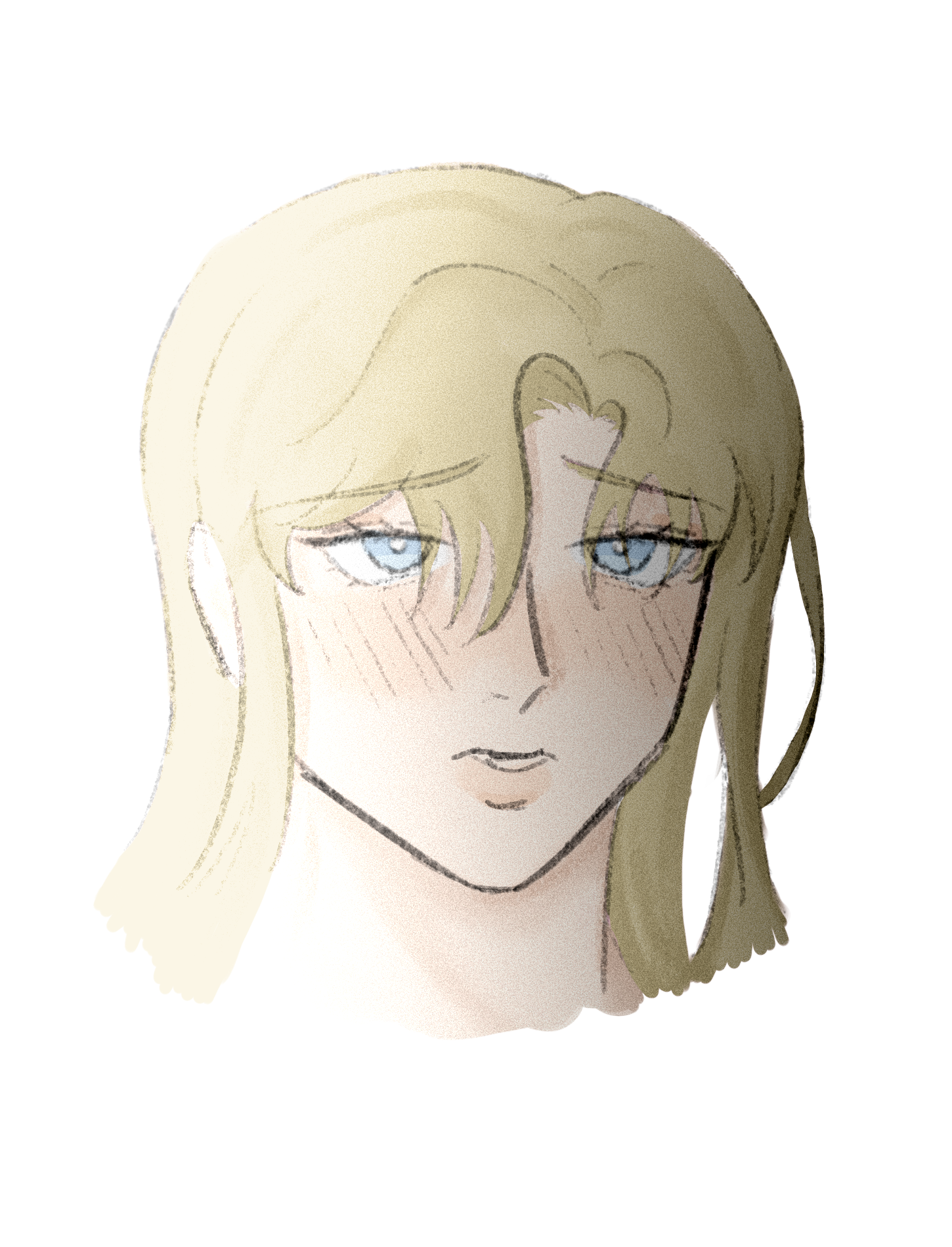 the image is a digital drawing or painting of a young woman's face. she has long, light blonde hair that partially obscures her face.  her eyes are light blue, and she has a slight blush on her cheeks, suggesting shyness or embarrassment. her expression is soft and somewhat pensive. the art style is reminiscent of anime or manga, with soft shading and watercolorlike textures. the overall feeling is gentle and serene.