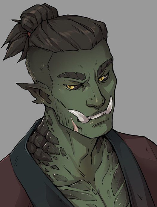 this is a portrait of a male orc, looking at the viewer with a strong, sharp gaze. his green skin is detailed with scales and his face has sharp cheekbones, a strong jawline, and tusks. he has short, dark hair in a bun at the back of his head and wears a red and black traditional kimono.