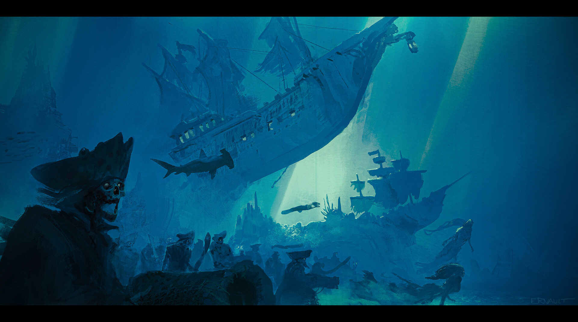 the image depicts a dramatic underwater scene of a pirate shipwreck. a large, ghostly galleon dominates the center, illuminated by ethereal spotlights piercing the blue depths. the ocean floor is littered with wreckage, treasure chests, and skeletal remains of past crews.  amongst the debris, shadowy figures of pirates and mermaids interact, their forms partially obscured by the murky water and dramatic lighting.  the overall atmosphere is one of mystery, adventure, and the haunting allure of the deep sea.