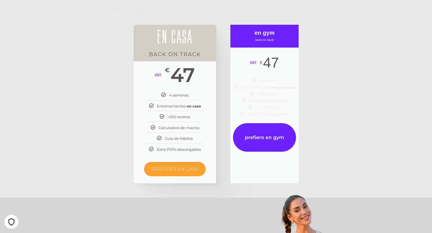 the image shows a website mockup of a subscriptionbased fitness program. there are two different options: "en casa" (at home) and "en gym" (at the gym), both with the same price of 47 euros. each option details the benefits and features of the program. the image highlights the features of each program.
