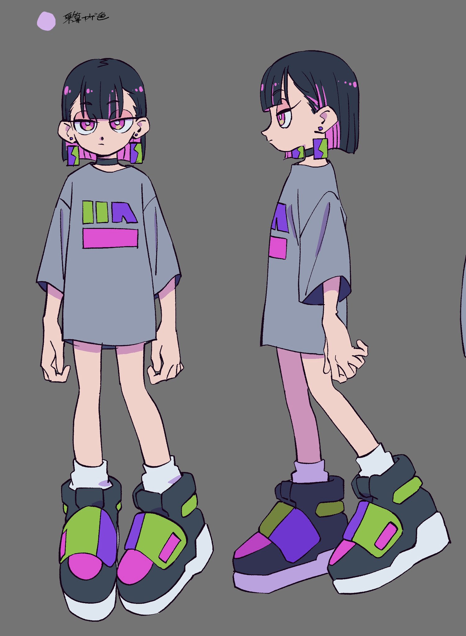 the image shows two views of a female character design. the character is a young girl with short black hair and colorful clothing. she is wearing a gray oversized tshirt with a pink and purple graphic design, purple shorts, white socks, and chunky sneakers with pink, purple, green, and black details. she also has pink earrings. the background is plain gray.