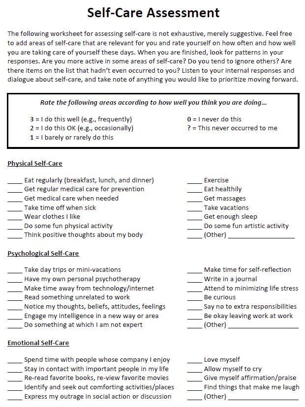 the image is a "selfcare assessment" worksheet. it lists various activities and behaviors related to physical, psychological, and emotional selfcare. individuals are asked to rate how well they are doing in each area based on a scale provided (3 = i do this well, 2 = i do this ok, 1 = i barely or rarely do this, 0 = i never do this, ? = this never occurred to me). the worksheet encourages reflection on selfcare habits and prioritization of areas for improvement.