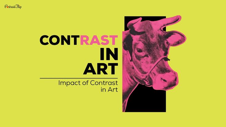 the image is a graphic design about the impact of contrast in art. it features a pink cow against a black and yellow background. the text "contrast in art" is written in black and white and is surrounded by a black border. the text "impact of contrast in art" is also written in black and white, but it is smaller and placed below the main title.  the overall design is modern and abstract, and it successfully illustrates the power of contrast in art.