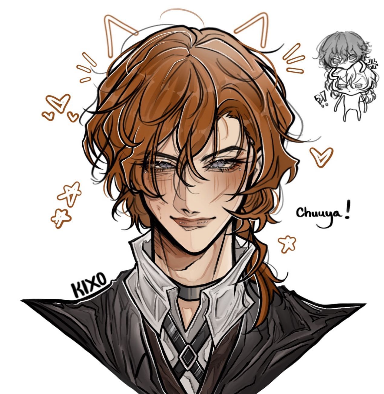 the image is a digital fanart depicting a stylized male character, possibly inspired by anime or manga. he has long, curly brown hair, is blushing, and has a slightly mischievous smile.  he's wearing a dark suit with a lighter colored shirt and a chokerstyle necklace.  small, cute details like cat ears and hearts surround his head. a smaller chibistyle drawing in the corner features what seems to be another character interacting with him, possibly suggesting a relationship or pairing. the artist's signature, "kixo," is visible, along with "chuuya!" written near the chibi characters, hinting at the possible source material or character name. the overall style is expressive and blends cute elements with a more mature and detailed portrayal of the main character.