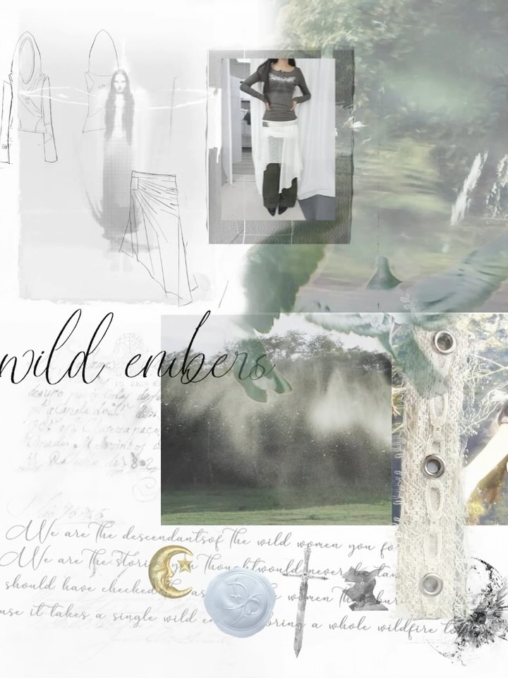 the image is a fashion design mood board, a digital collage combining various elements to convey a specific aesthetic.  it's dominated by soft, muted tones of grey and white, creating an ethereal and somewhat mystical atmosphere.the central focus is on a woman's outfit: a long, flowing grey skirt layered over a fitted brown tunic, suggesting a bohemian or gothicromantic style. handdrawn fashion sketches of similar garments are present, along with photographic elements showing a model wearing a similar ensemble and some textural images (wood, lace, and fabric samples) that add depth and visual interest.natural imagery, including blurred landscape photographs that evoke a sense of autumn and a feeling of being in nature, is included.  handwritten text, resembling poetry or excerpts from a story, adds a narrative and further enhances the mood. symbolic elements, such as a crescent moon and sword, add to the mystical and slightly dark theme. the overall impression is one of feminine power, connected to nature and a sense of ancient stories or magic. the title "wild embers" hints at a powerful, untamed energy.