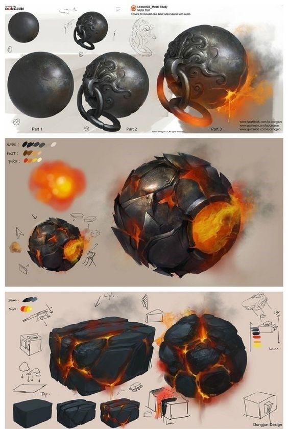 the image showcases the design process of a fiery game asset, potentially a weapon or magical artifact. it features three distinct stages of development, each with increasing detail and refinement. the top row depicts the evolution of a metallic sphere adorned with intricate carvings, gradually engulfed in flames. the middle row focuses on a more complex spherical object resembling a bomb, with glowing cracks revealing intense heat within. the bottom row explores the creation of a lava rock, demonstrating its texture and the interplay of light and shadow on its surface. overall, the image highlights the artist's use of color, lighting, and form to create a visually striking and believable fantasy element.