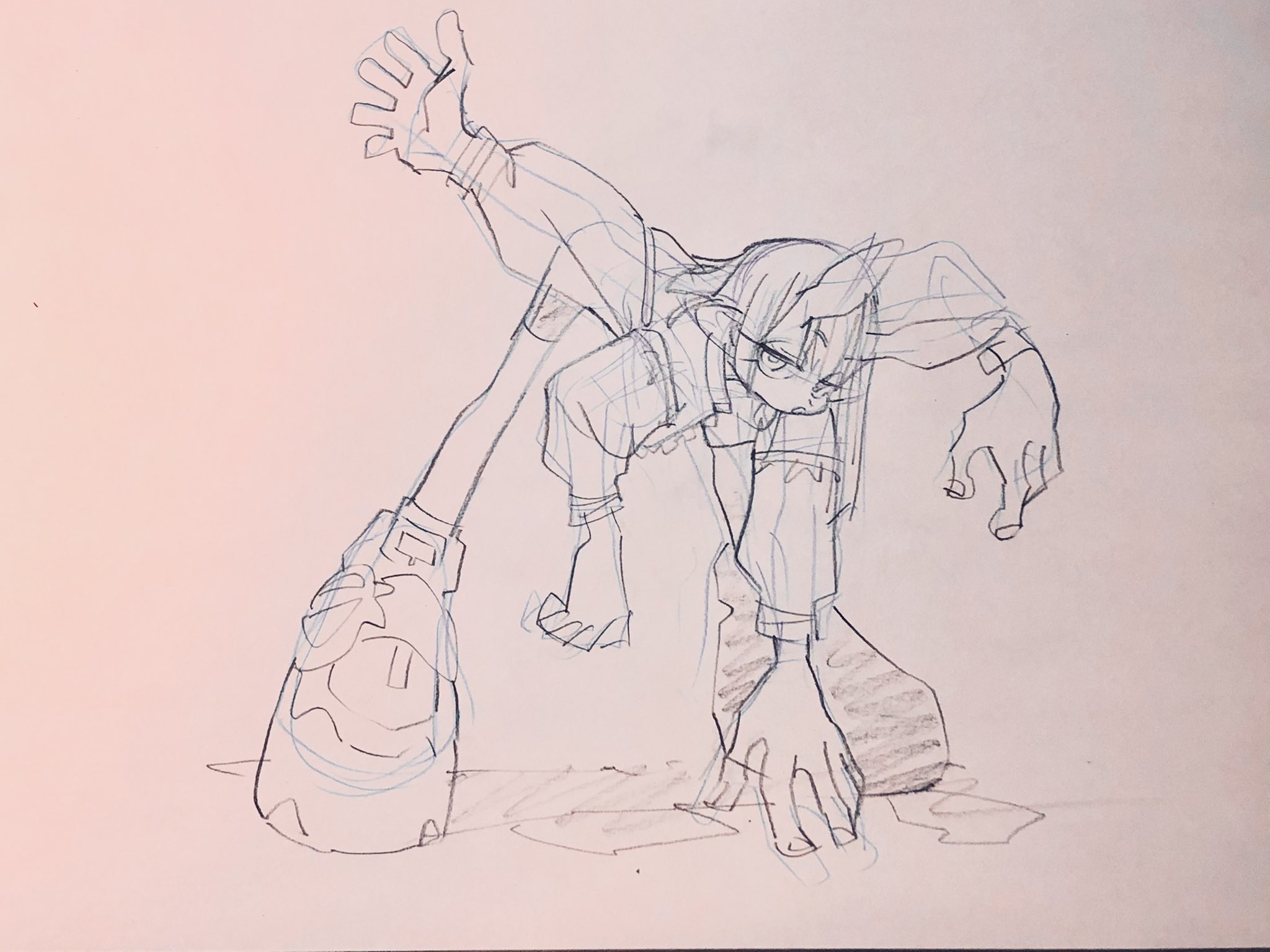 a dynamic pencil sketch of a girl in midair, about to land a powerful kick. the perspective is exaggerated to emphasize the movement and energy of the pose.