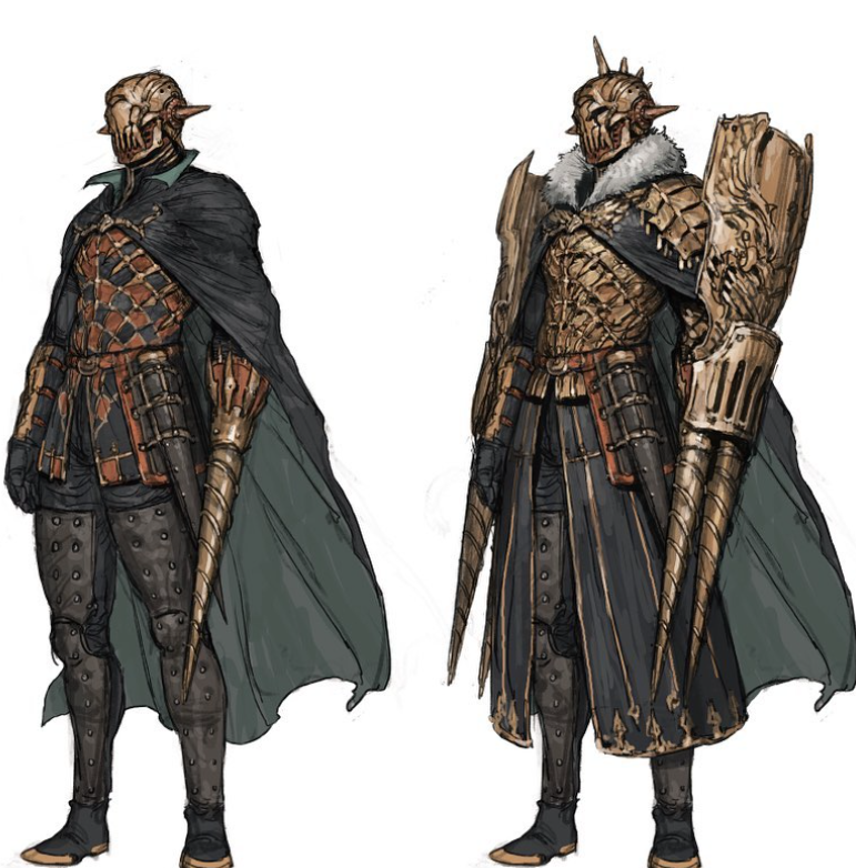 this image shows two concept art pieces of the same fantasy warrior character, one with less armor and one with more armor. the warrior is wearing darkcolored armor with gold accents and a long black cape. they are also wearing a helmet that covers their entire head and has horns on it. the warrior is holding a large, spiked weapon in their right hand.