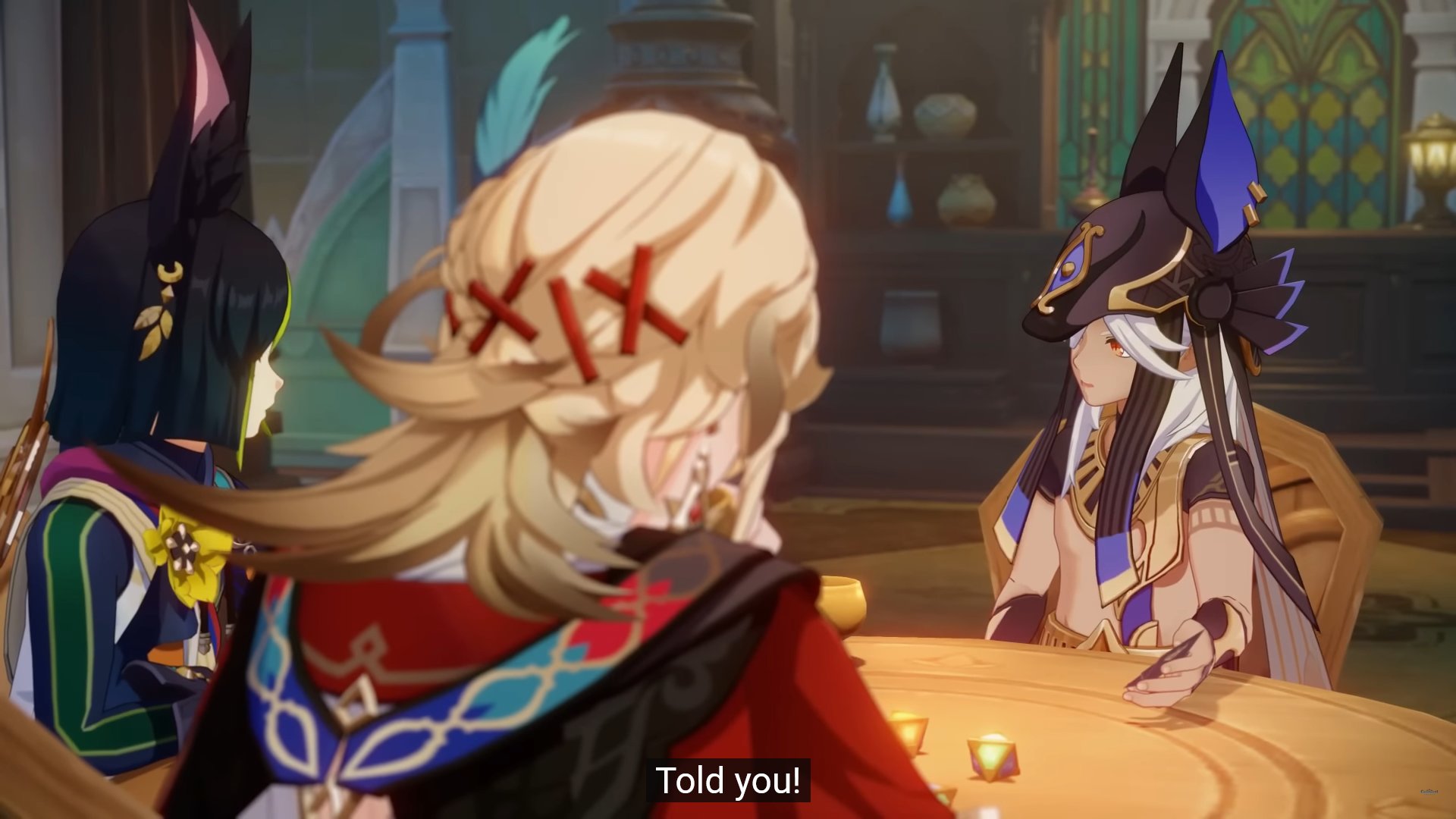 a screenshot from the video game genshin impact shows two female characters sitting around a table playing a game of cards with a male character. the female character on the left is wearing a blue and green outfit with cat ears, while the female character on the right is wearing a red and black outfit with golden accents. the male character is wearing a white and blue outfit with a black and blue headdress. the female character on the right is looking at the male character, while the other two characters are looking at the cards on the table. the text "told you!" is displayed at the bottom of the image.