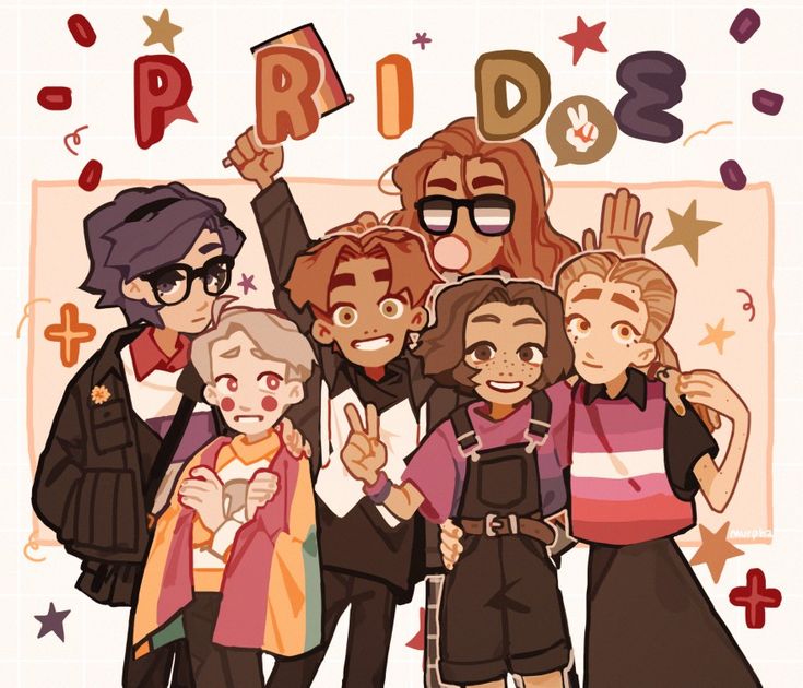 the image depicts a group of six friends celebrating pride. they are all wearing clothing that represents the lgbtq+ community. they are smiling and happy and it is clear that they are celebrating love, acceptance and diversity.