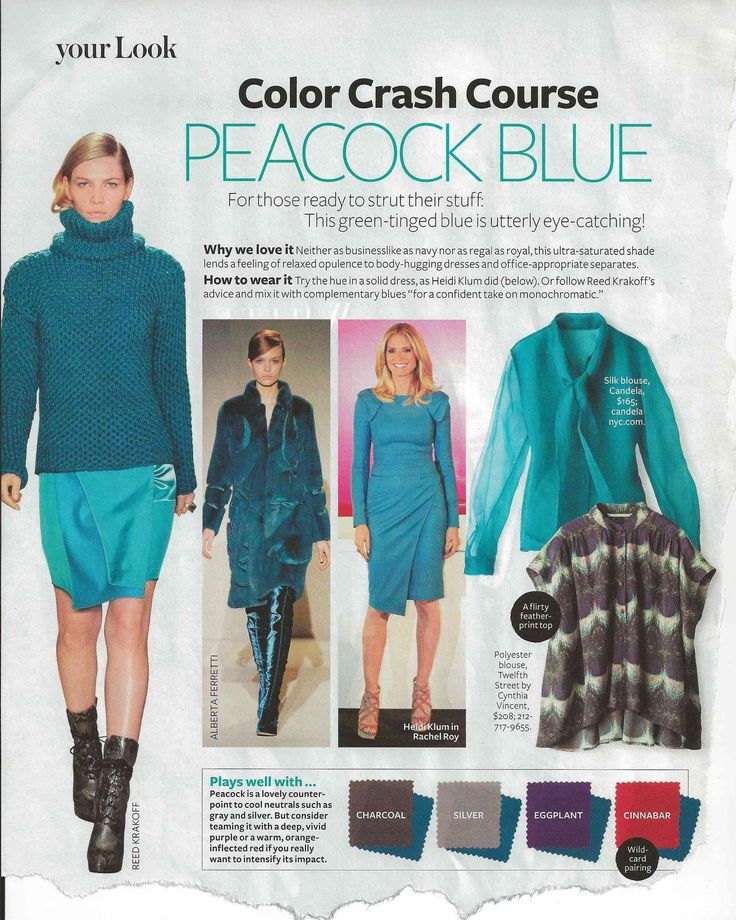 a page from a fashion magazine titled "color crash course: peacock blue." the page features photos of models wearing peacock blue clothing, including dresses, a sweater, and separates. the article discusses how to wear the color and suggests complementary colors like charcoal, silver, eggplant, and cinnabar.