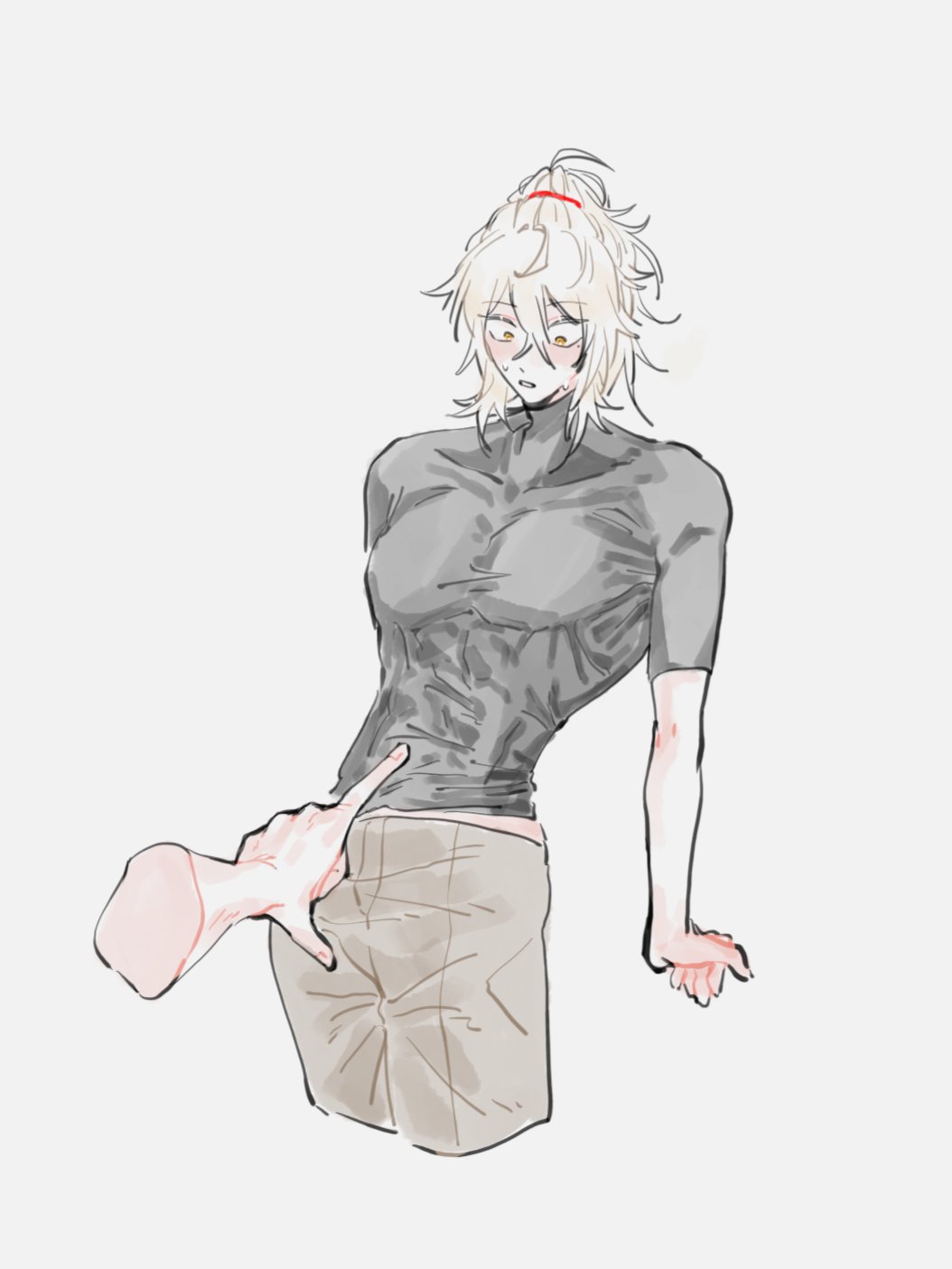 a digital illustration of a cartoon animestyle male character. he has blonde hair with red string tied up in a ponytail, white shirt with a black longsleeved shirt on top, and beige trousers. he is standing and looking down with a finger pointing to the side. the background is white.