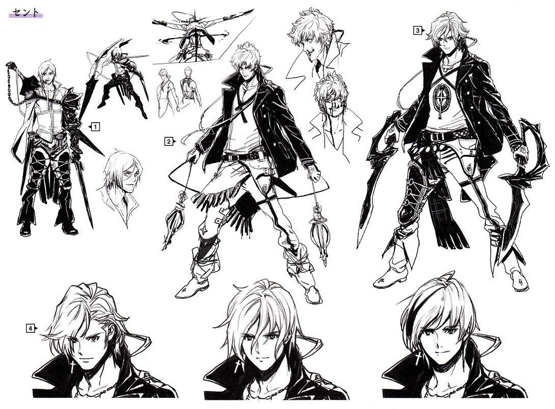 the image is a black and white sketch page of a male character design, likely for a video game or anime. it features several different poses and angles of the character, as well as closeup details of his face and hair. the character appears to be a young warrior, with flowing blonde hair and a determined expression. he's dressed in stylized armor and clothing, and carries a large, ornate sword. the artist has paid close attention to the details of his outfit and weaponry, creating a dynamic and visually interesting design. the sketches convey a sense of movement and power, hinting at the character's personality and fighting style.