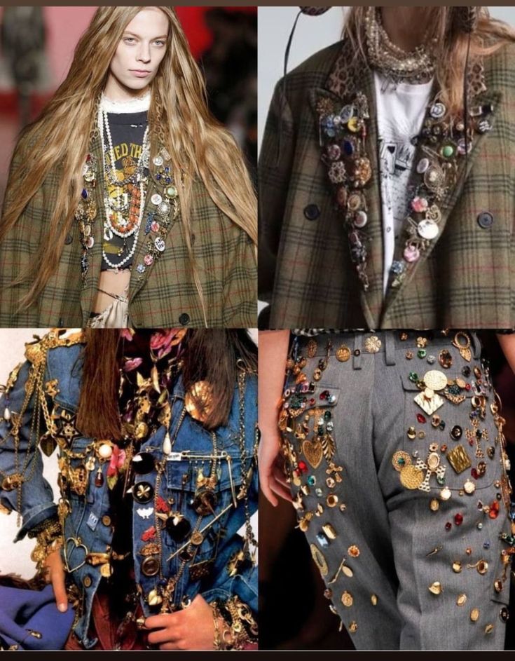 the image shows a collage of four different fashion models wearing a variety of outfits and accessories featuring an abundance of brooches and pins. each outfit is a statement piece that is both trendy and vintage inspired. the models are wearing jeans, jackets, blazers, and even pants that are completely covered in brooches and pins. the accessories are a mix of gold, silver, and other metals, and they range in size and style. the overall effect is one of glamor and individuality, making a bold statement about fashion and selfexpression.